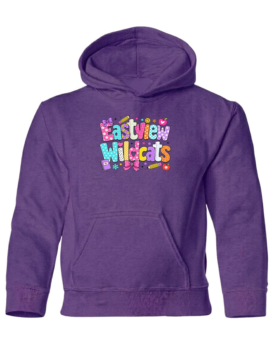 A purple hoodie with the text "Eastview Wildcats" printed on it.
