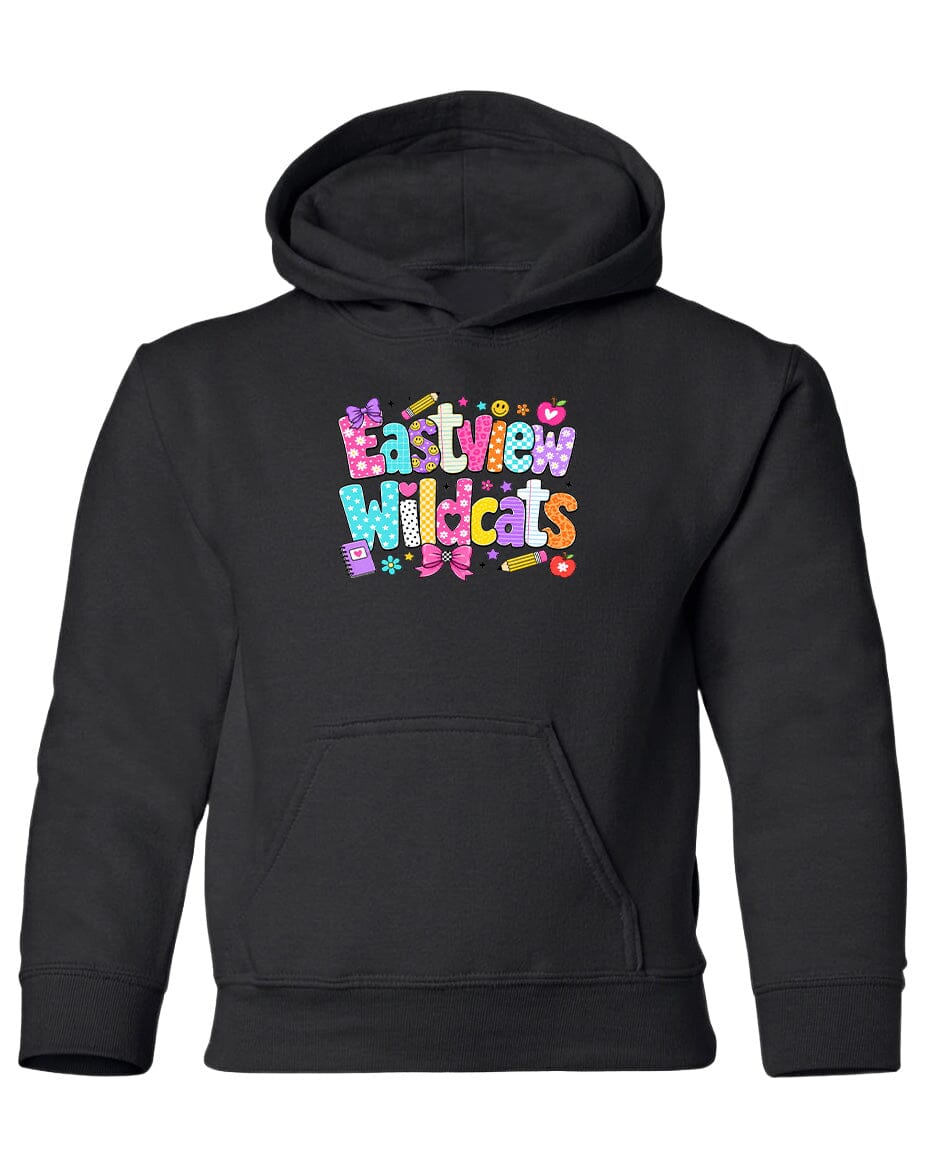 A black hoodie with colorful text and graphics printed on it.