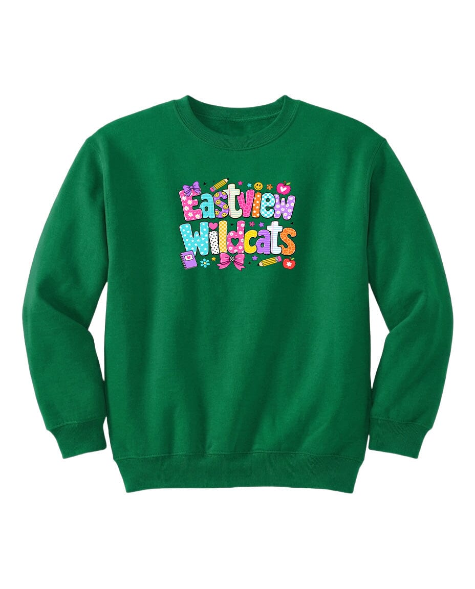 A green sweatshirt with a colorful graphic design featuring the text "Eastview Wildcats" printed on it.