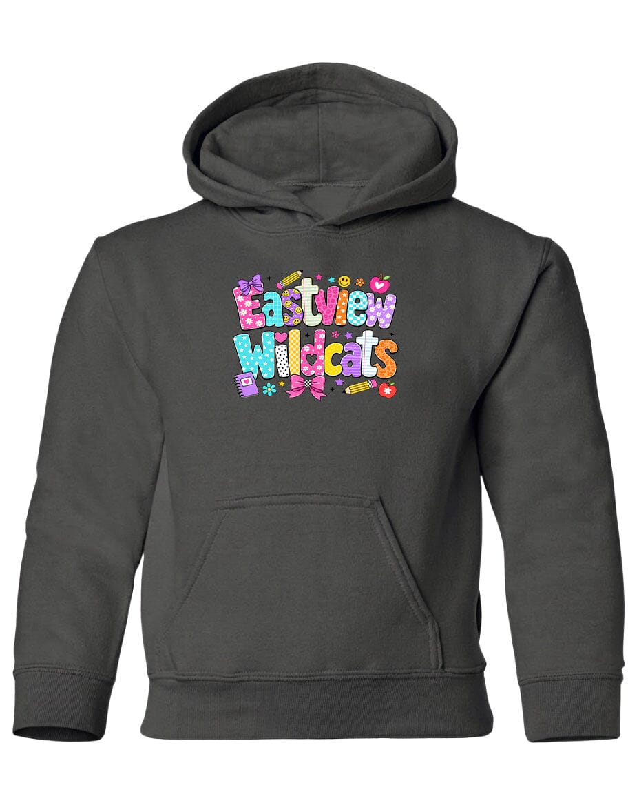 A gray hoodie with a colorful graphic design featuring the text "Eastview Wildcats" printed on it.