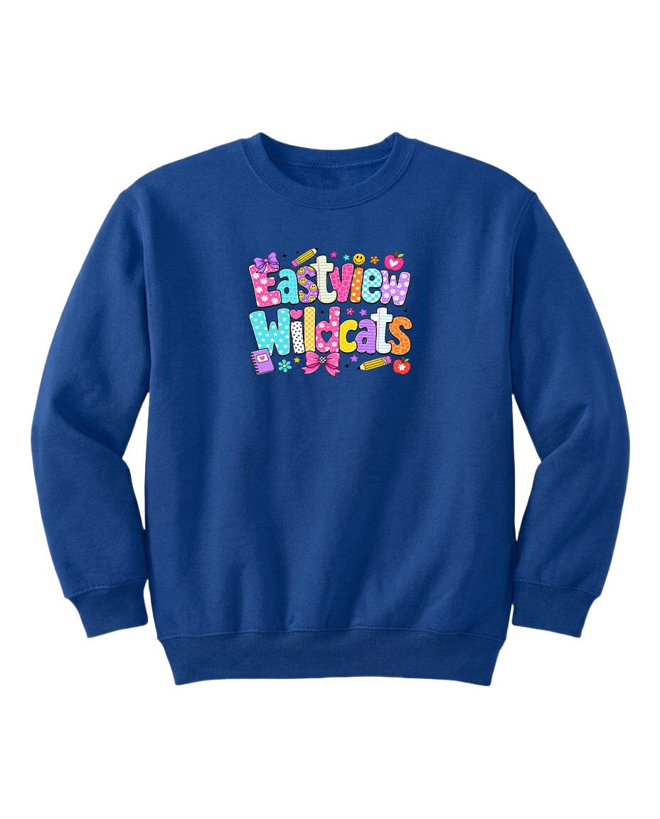 A blue sweatshirt with a colorful graphic design featuring the text "Eastview Wildcats" and various cartoon-like elements.