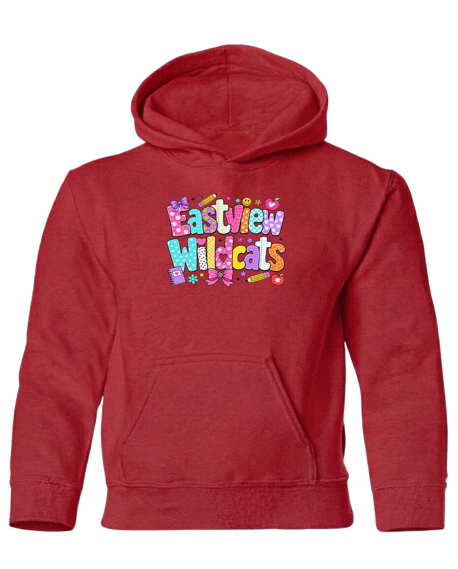 A red hoodie with the text "Eastview Wildcats" printed on it.
