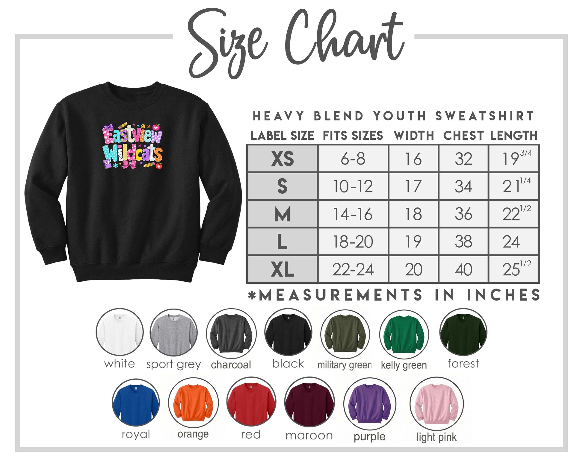 The image is a size chart for a heavy blend youth sweatshirt, including various color options and corresponding measurements in inches.