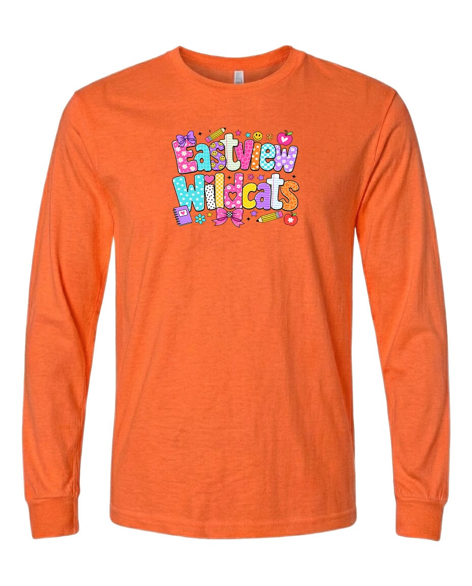 An orange long-sleeved t-shirt with a colorful graphic design featuring the text "Eastview Wildcats" in a playful font.