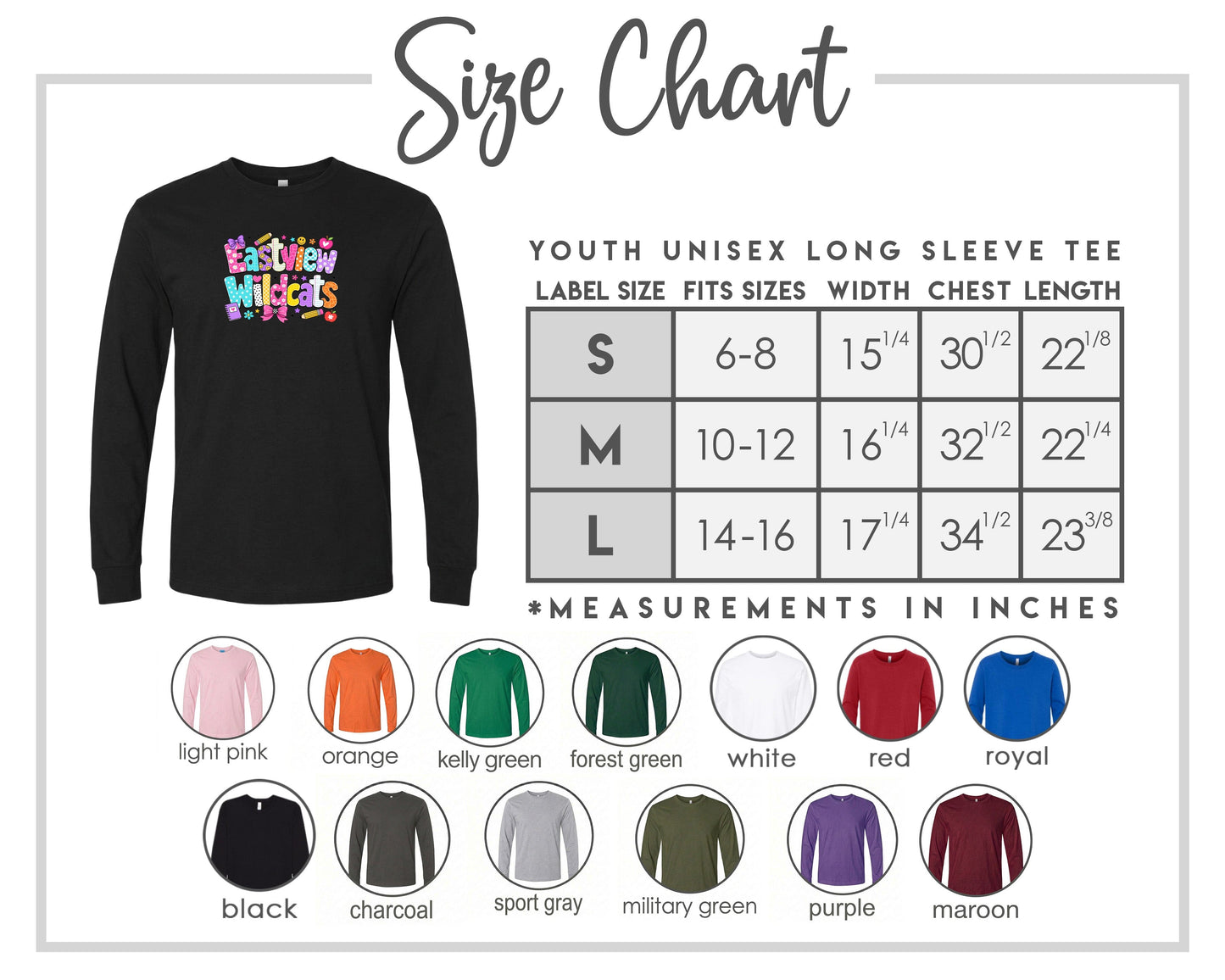 The image is a size chart for a youth unisex long sleeve tee, providing measurements for different age groups and sleeve length.