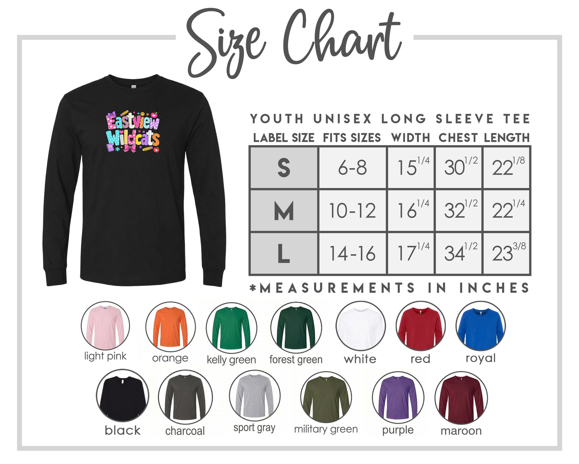 The image is a size chart for a youth unisex long sleeve tee, providing measurements for different age groups and sleeve length.