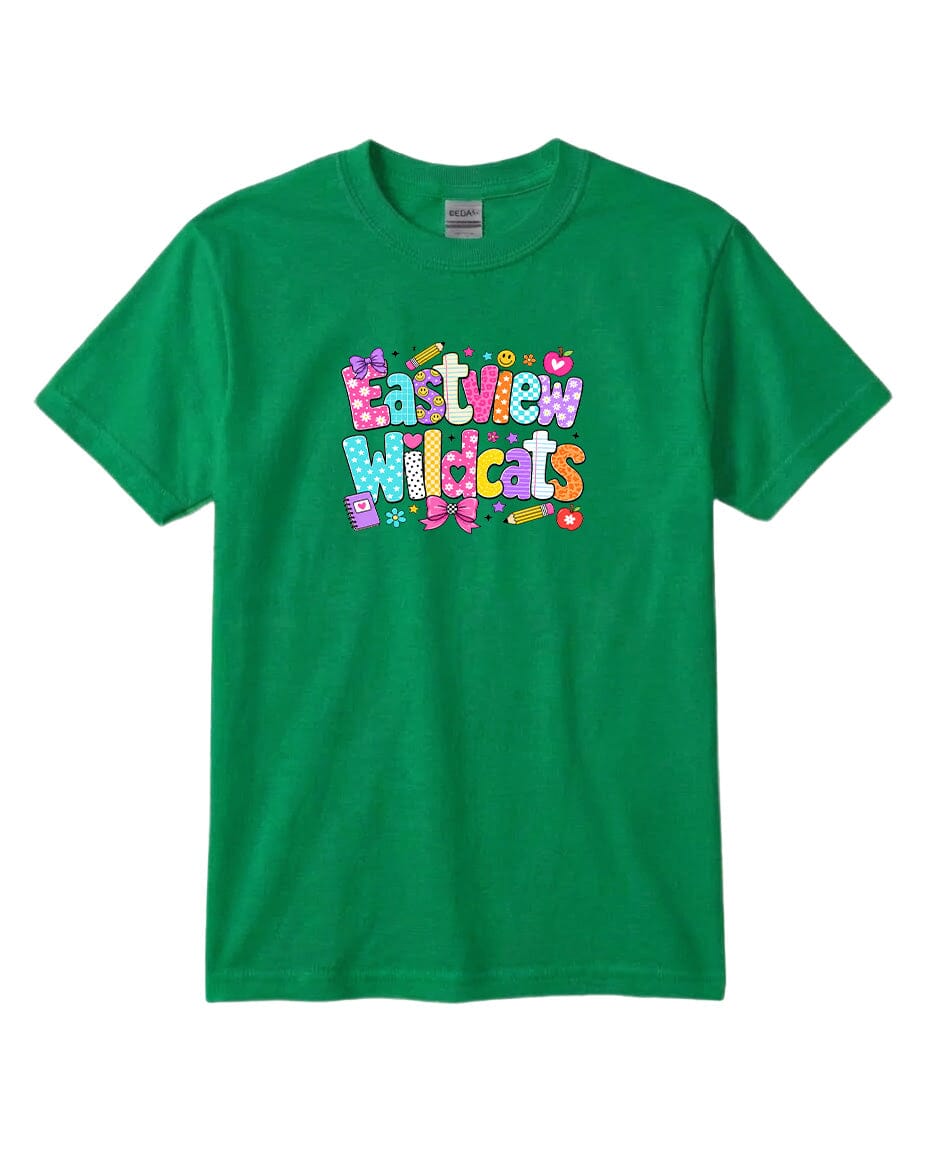 A green t-shirt with the text "Eastview Wildcats" printed on it.