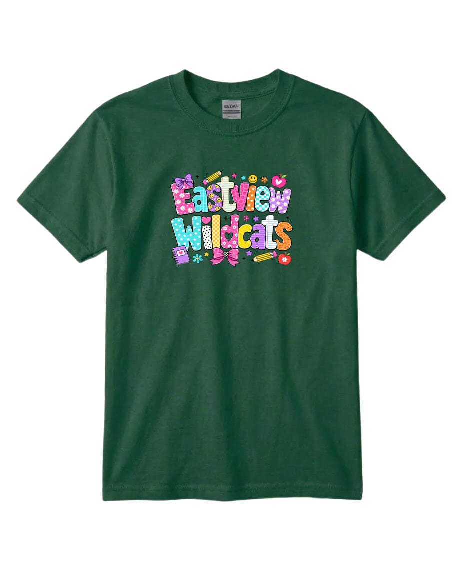 A green t-shirt with the text "Eastview Wildcats" printed on it.