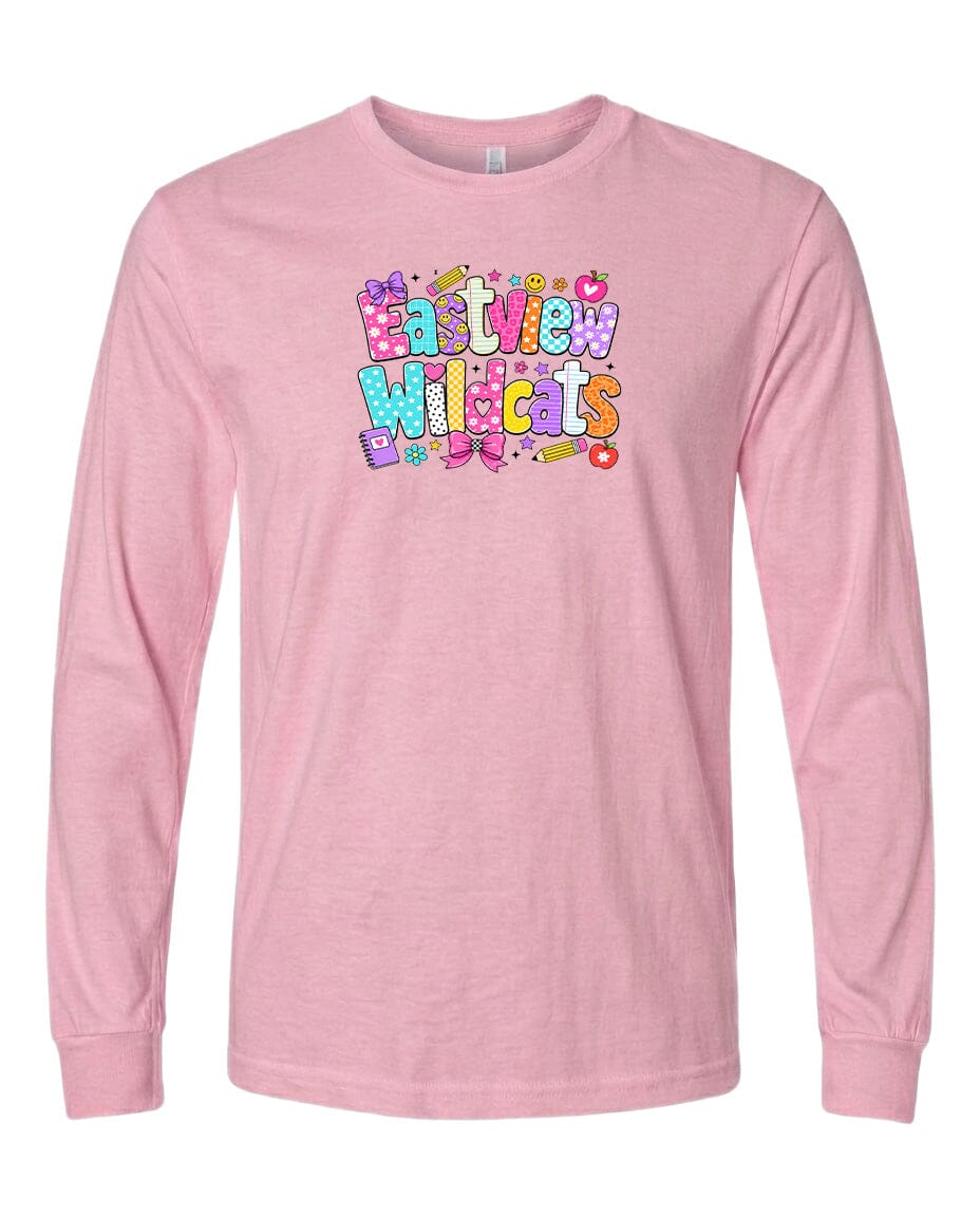 A pink long-sleeved t-shirt with a colorful graphic design featuring the text "Eastview Wildcats" in a playful font.