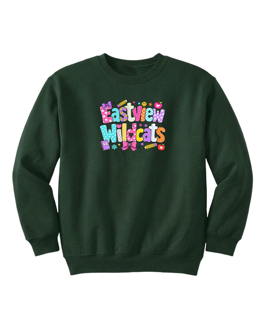 A dark green sweatshirt with a colorful graphic design on the front.