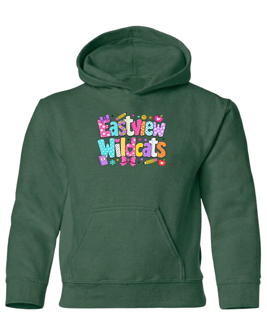 A green hoodie with a colorful graphic design featuring the text "Eastview Wildcats" printed on it.