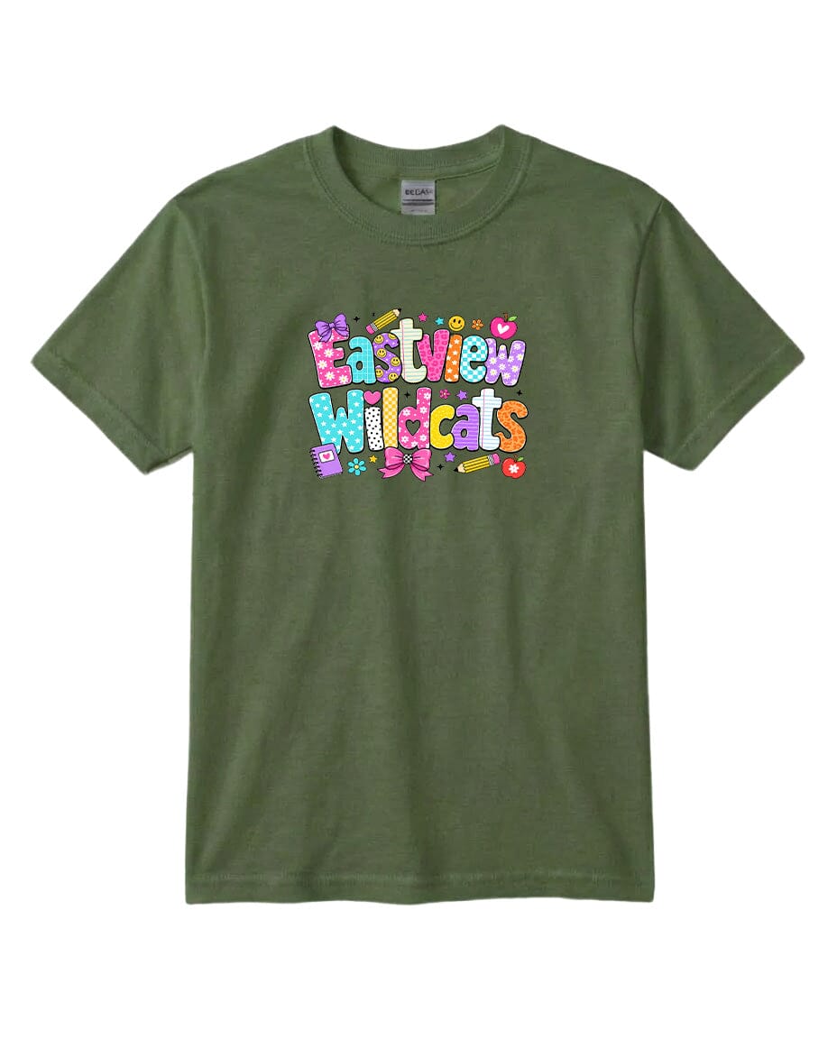A green t-shirt with a colorful graphic design featuring the text "Eastview Wildcats" in a playful font.