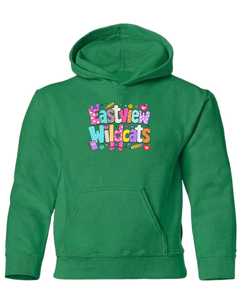 A bright green hoodie with a colorful graphic design on the front.