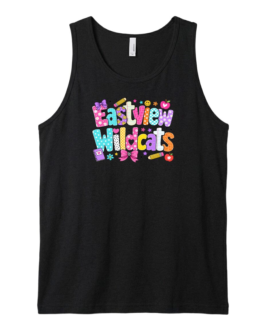 A black tank top with a colorful, playful text design that says "Eastview Wildcats".
