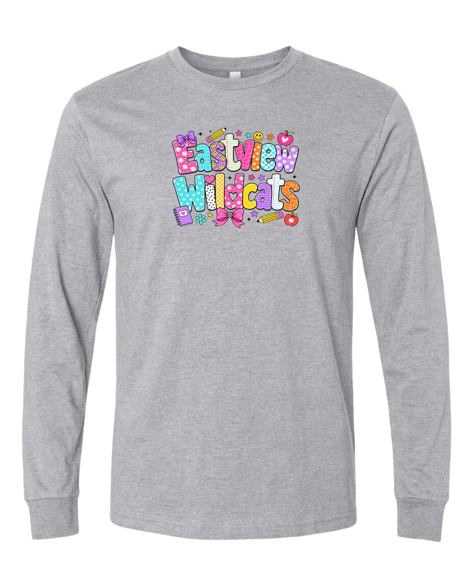 A gray long-sleeved t-shirt with a colorful graphic design featuring the text "Eastview Wildcats" in a playful, cartoon-like font.