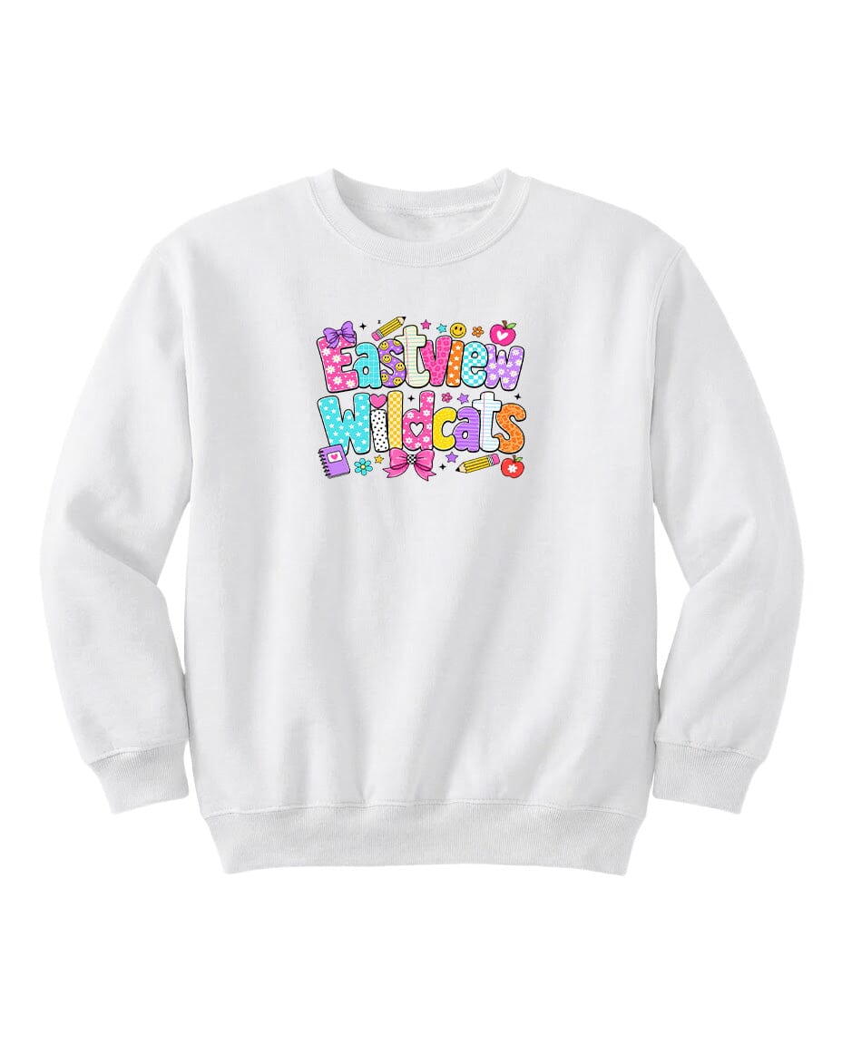 A white sweatshirt with a colorful, playful graphic design featuring the text "EAST WILDLIFE" in a stylized font.