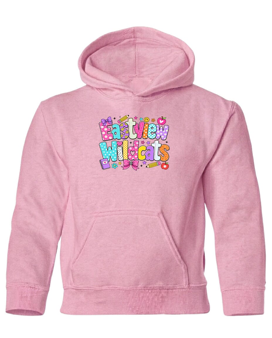 A pink hoodie with a colorful graphic design featuring the text "EASTVIEW WILDCATS" printed on it.