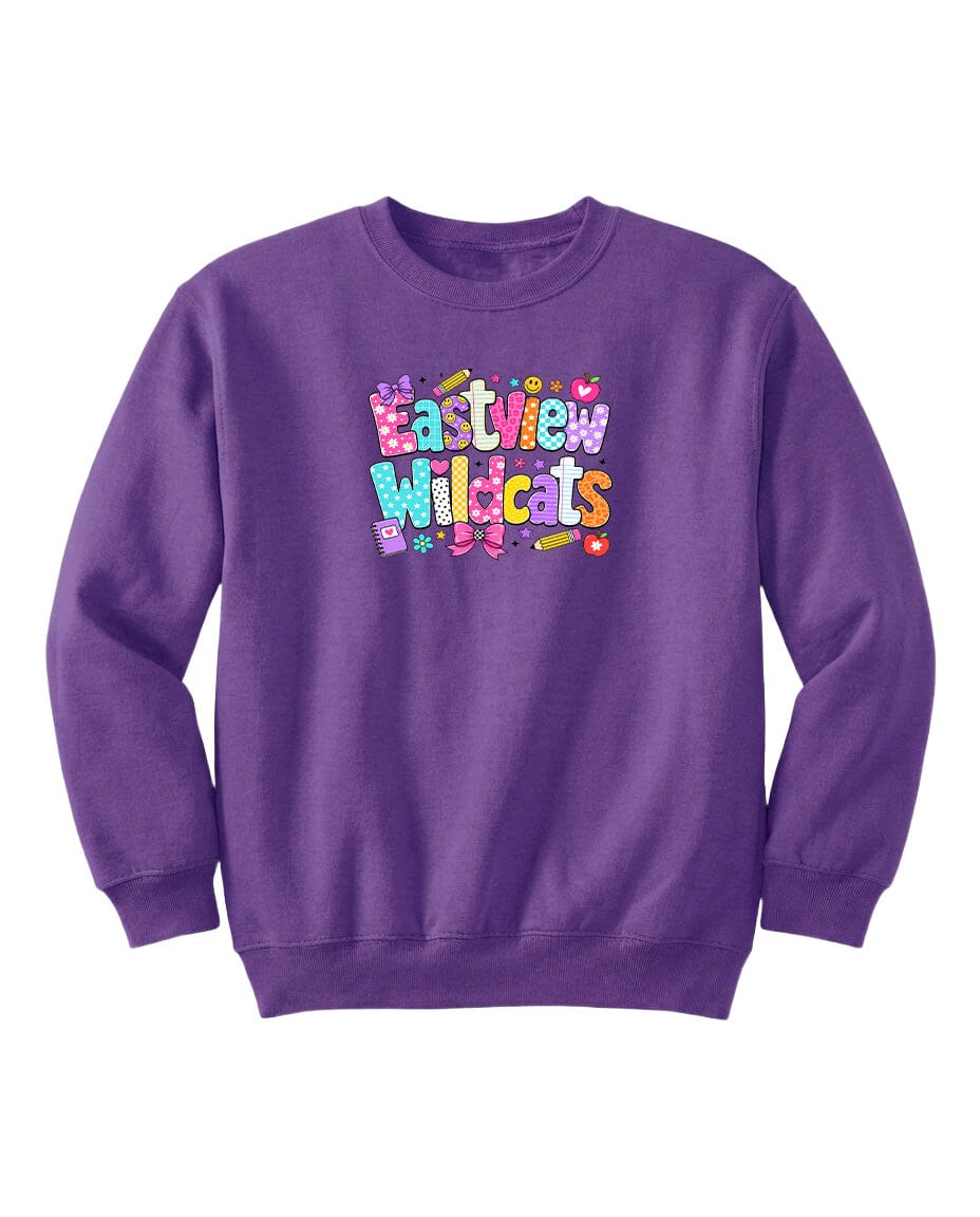 A purple sweatshirt with a colorful graphic design featuring the text "Eastview Wildcats" in a playful font.