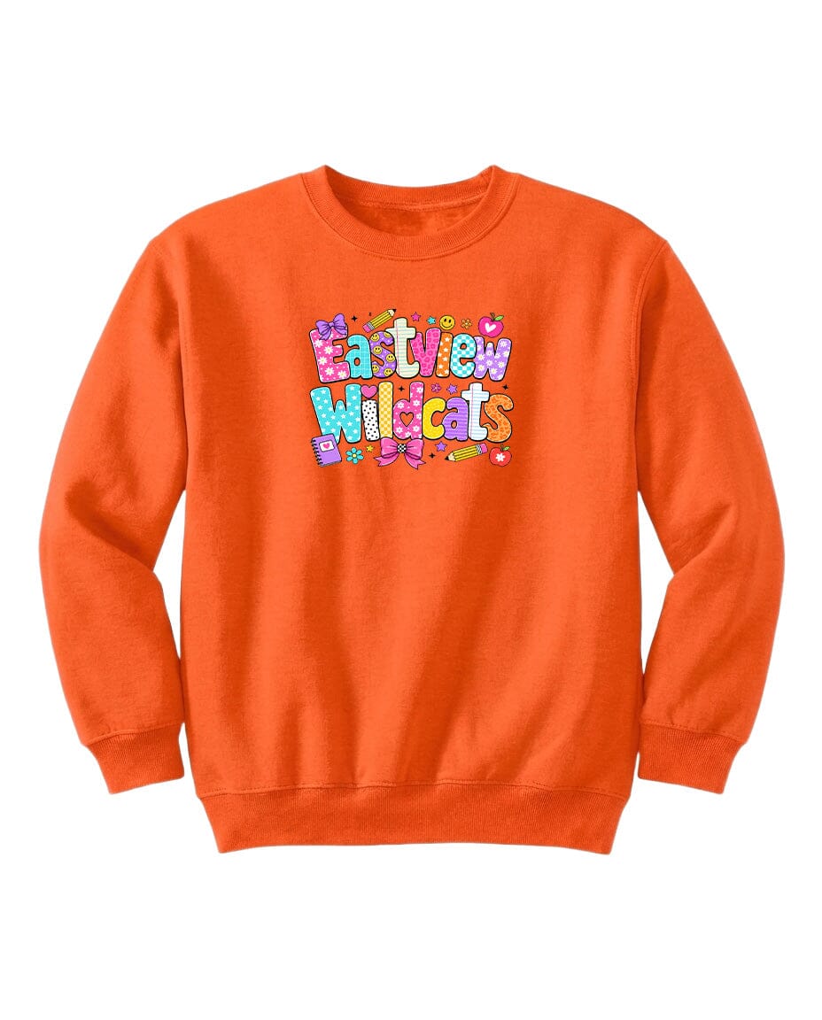 An orange sweatshirt with a colorful graphic design featuring the text "Eastview Wildcats" on the front.