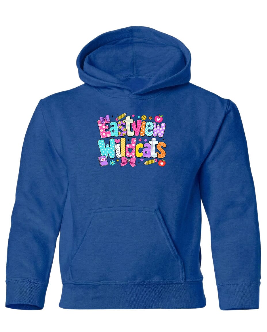 A blue hoodie with a colorful graphic design on the front, featuring the text "Eastview Wildcats" in a playful, cartoon-like font.