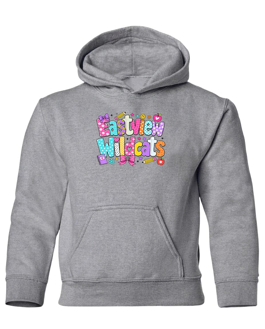 A gray hoodie with a colorful graphic design on the front.