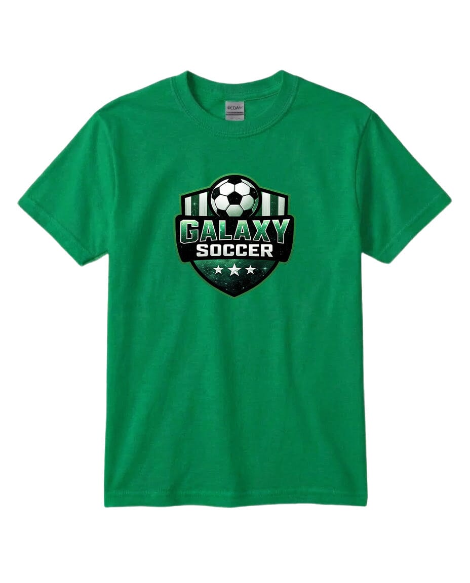 Youth Glittery Galaxy Crest Soccer Chest Logo T Shirt | Hoodie | Long Sleeve | Sweatshirt | Crew Neck | Tank Top Fiesta Doodle T Shirt YXS Kelly Green waterproof vinyl sticker. dishwasher safe outdoor sticker.
