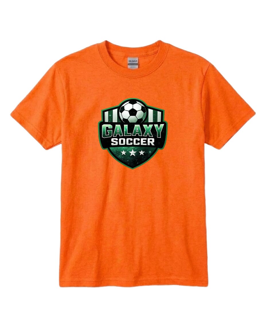 Youth Glittery Galaxy Crest Soccer Chest Logo T Shirt | Hoodie | Long Sleeve | Sweatshirt | Crew Neck | Tank Top Fiesta Doodle T Shirt YXS Orange waterproof vinyl sticker. dishwasher safe outdoor sticker.
