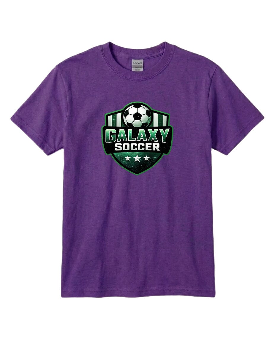 Youth Glittery Galaxy Crest Soccer Chest Logo T Shirt | Hoodie | Long Sleeve | Sweatshirt | Crew Neck | Tank Top Fiesta Doodle T Shirt YXS Purple waterproof vinyl sticker. dishwasher safe outdoor sticker.