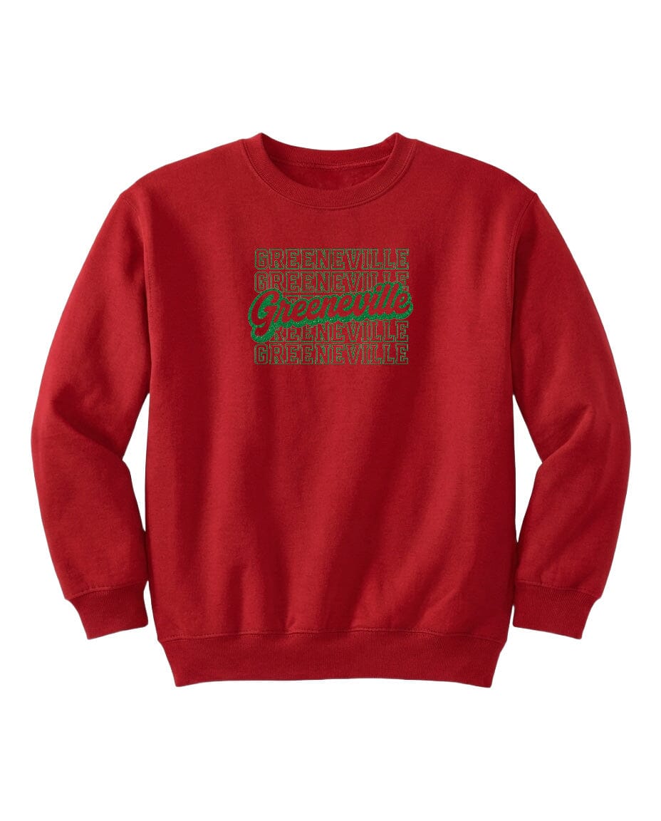 A red sweatshirt with a green and white graphic design on the front.