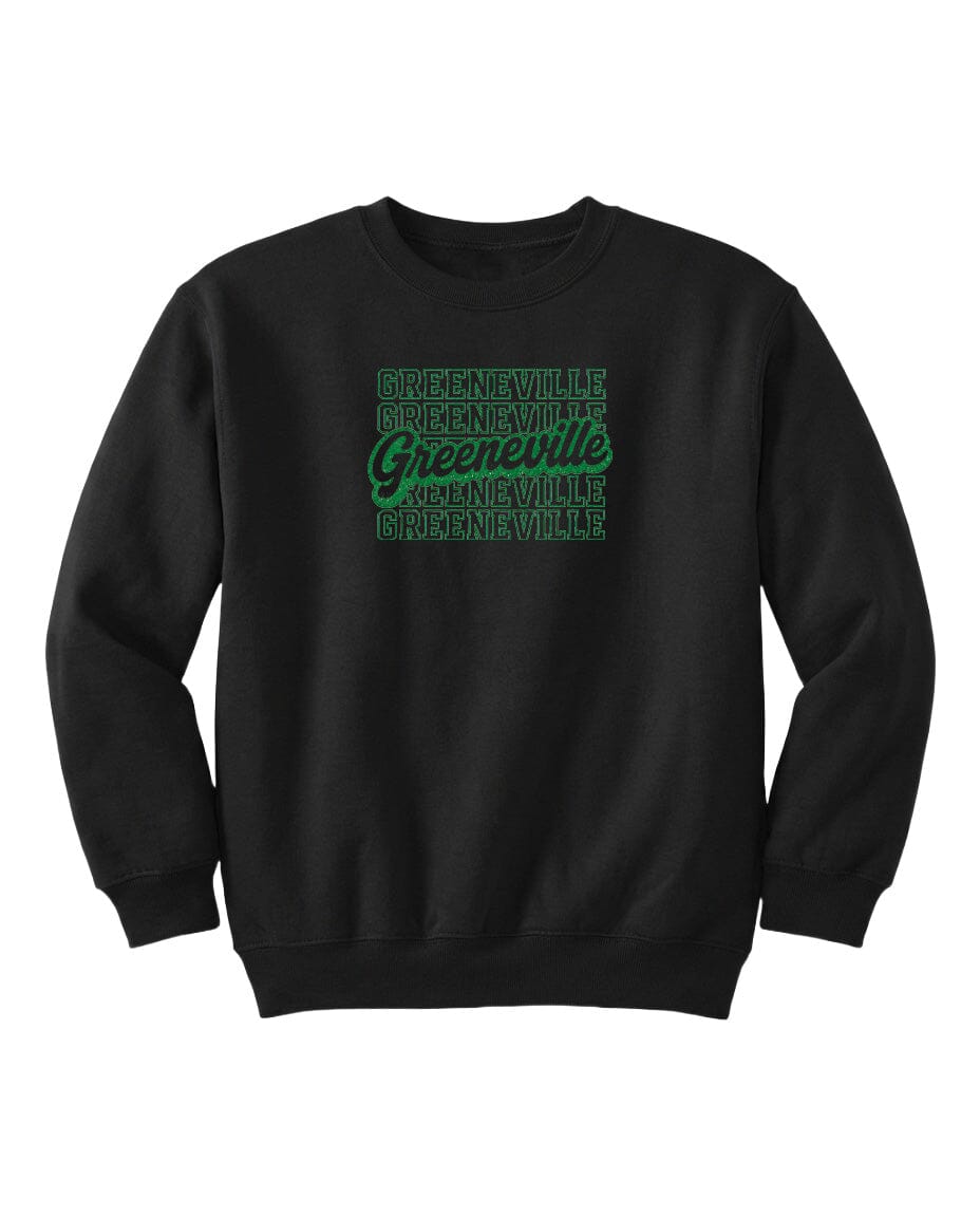 A black sweatshirt with the text "Greenville" printed in green on the front.