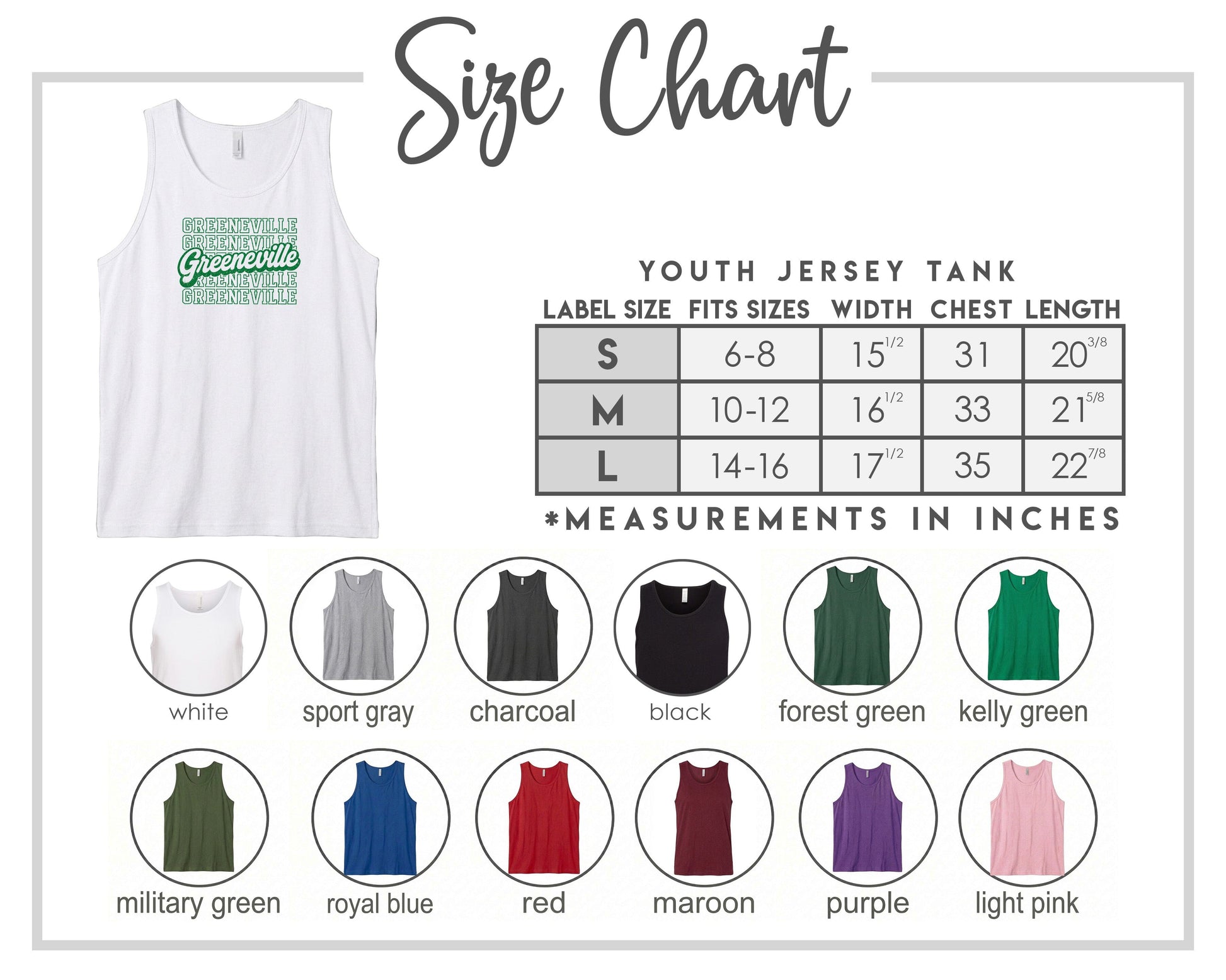 The image is a size chart for a youth jersey tank, displaying various color options and corresponding measurements in inches.