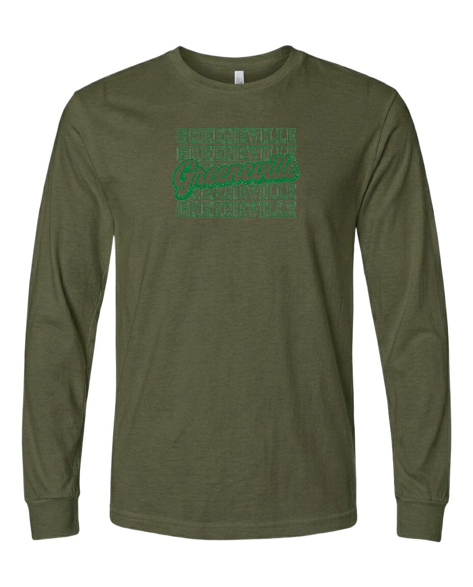 A long-sleeved olive green t-shirt with a graphic design on the front.