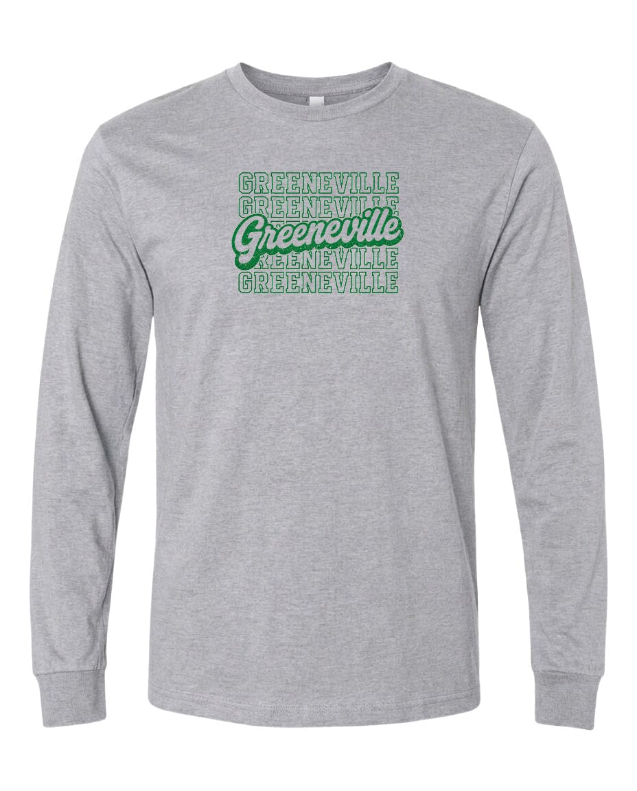 A gray long-sleeved t-shirt with the text "Greeneville" printed in green on the front.