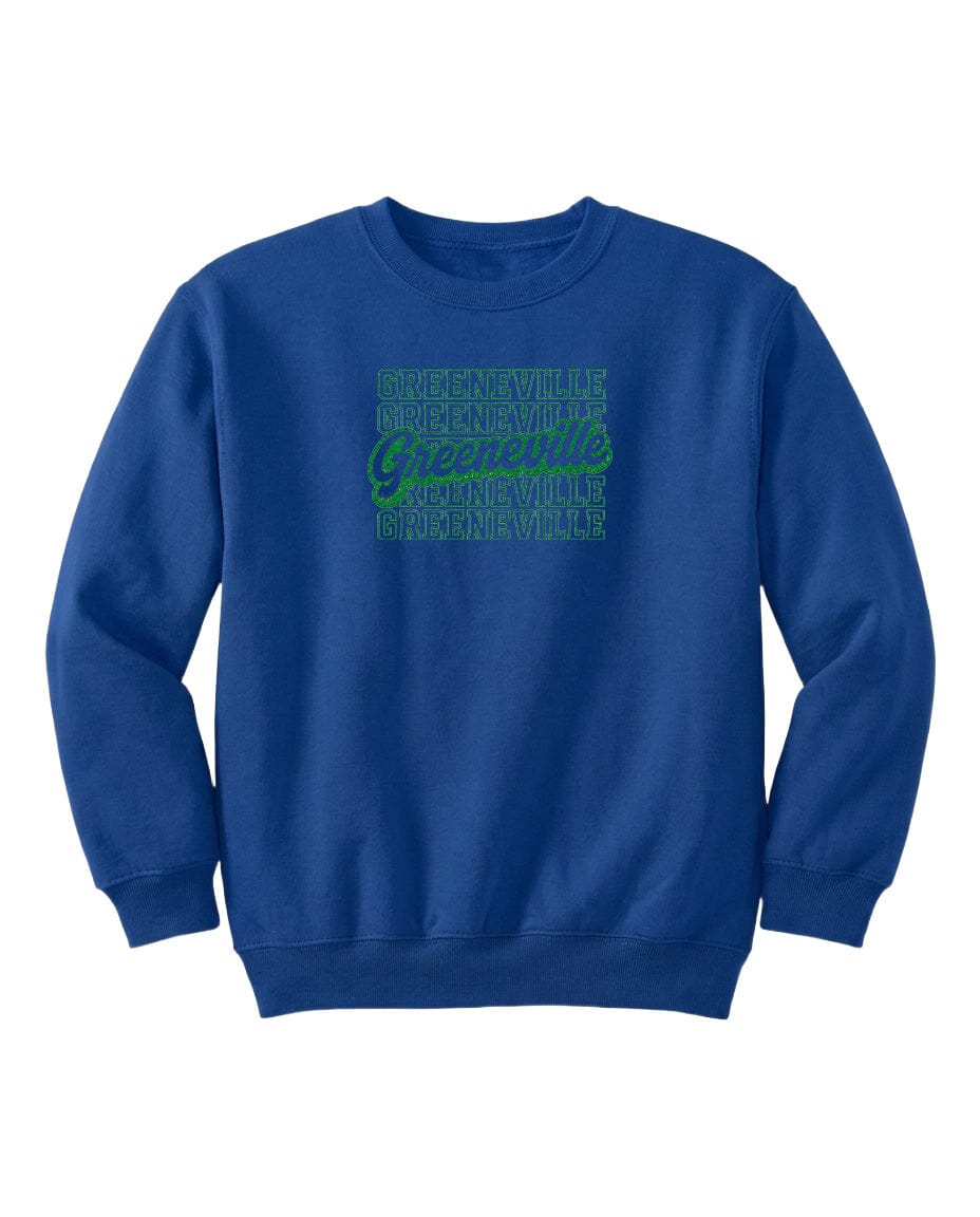 A blue sweatshirt with a green graphic design on the front.