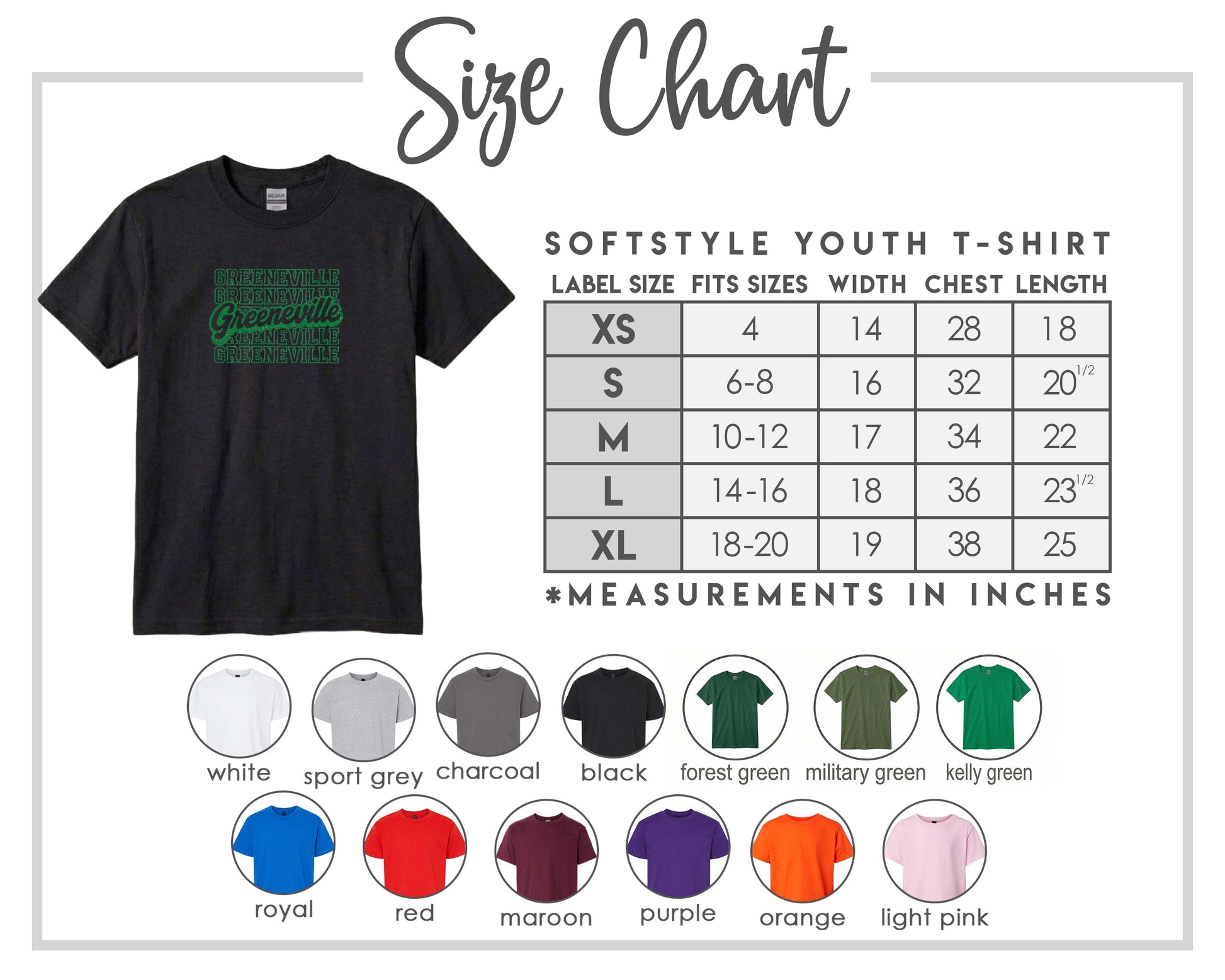The image is a size chart for a softstyle youth t-shirt, providing measurements for different sizes and corresponding t-shirt colors.