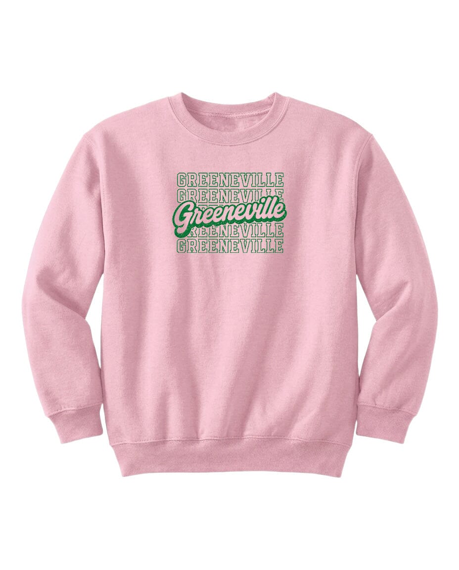 A pink sweatshirt with the text "Greeneville" printed on it in a stylized font.