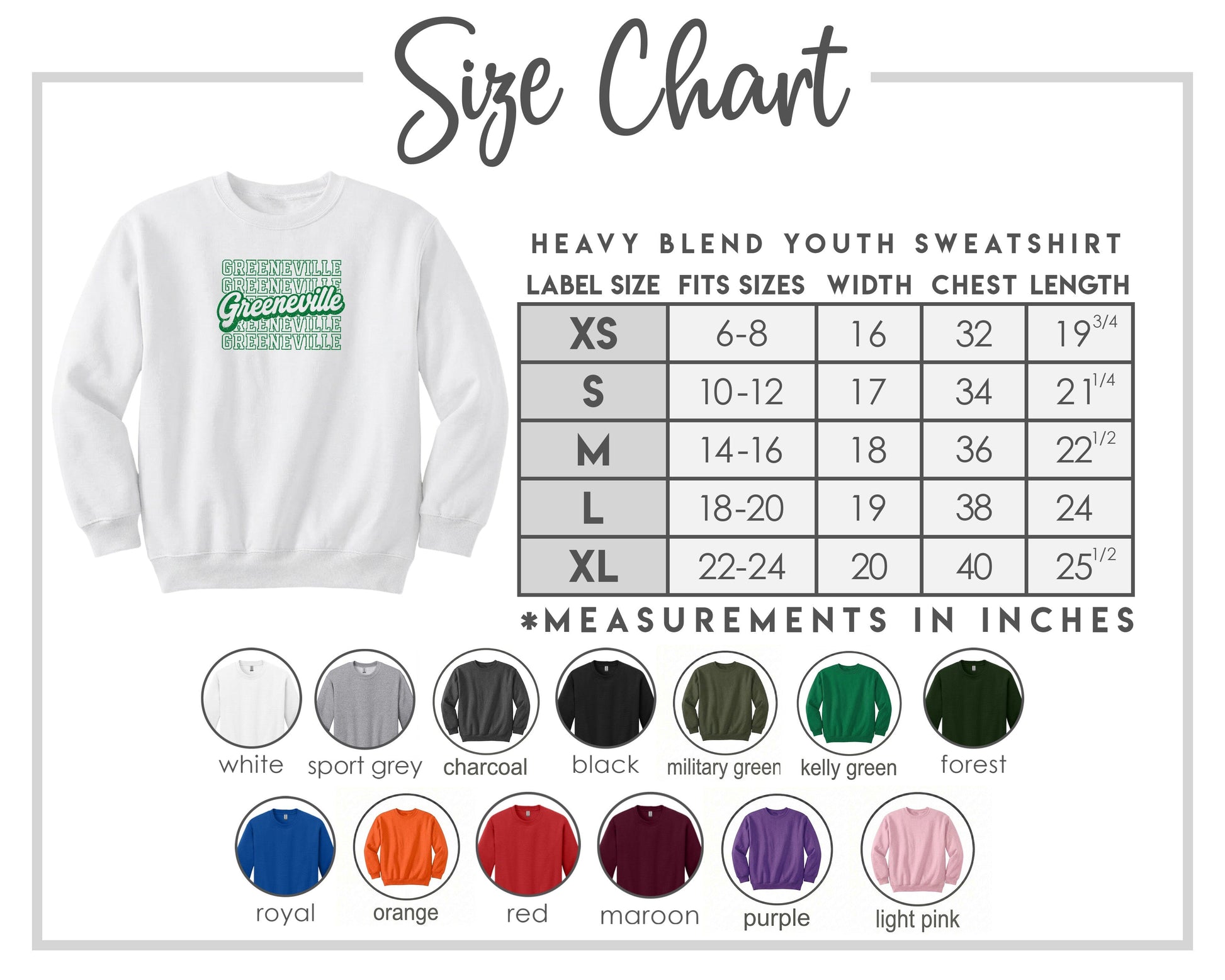 The image is a size chart for a heavy blend youth sweatshirt, including various color options and corresponding measurements in inches.