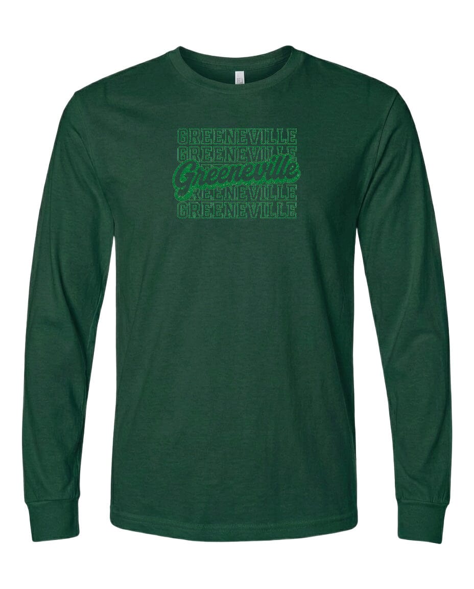 A dark green long-sleeved t-shirt with a graphic design on the front.