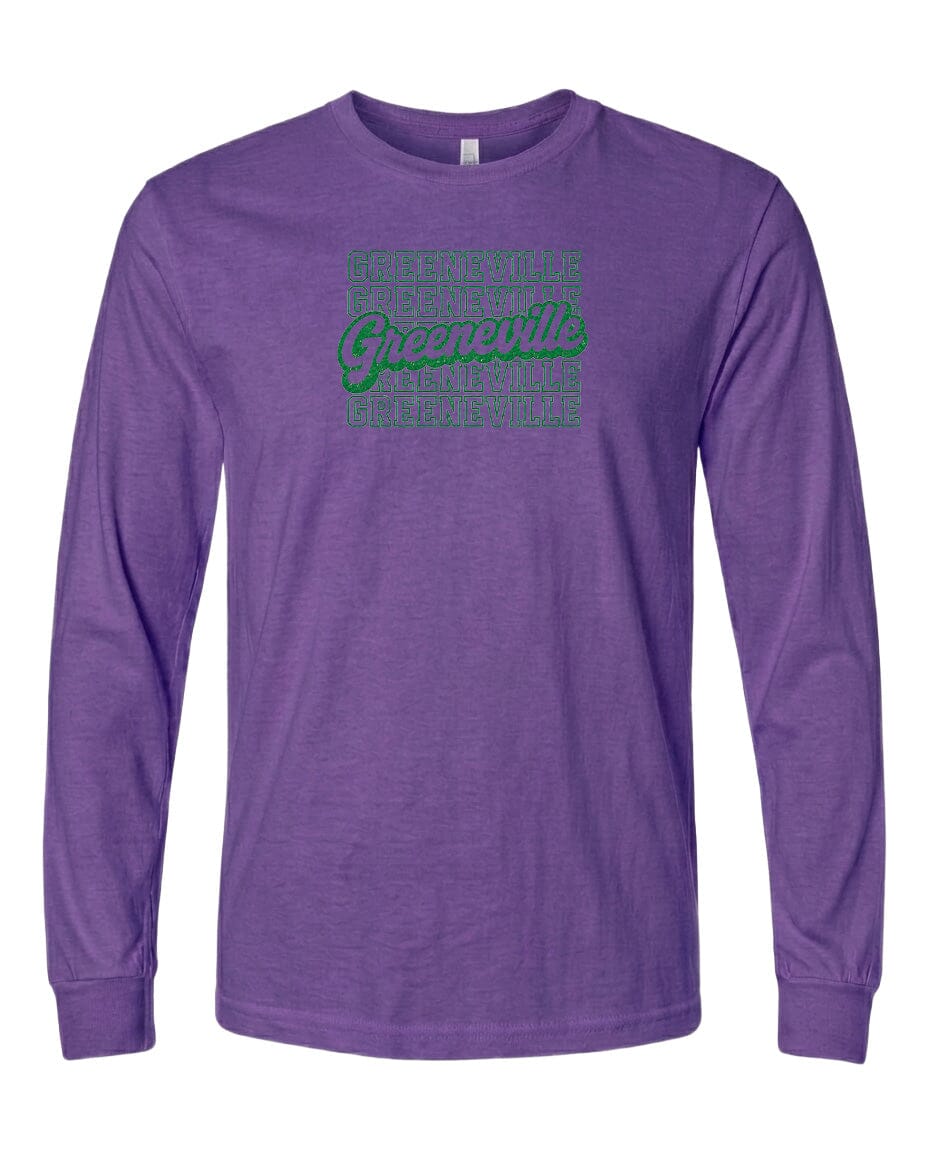 A purple long-sleeved t-shirt with the text "Greeneville" printed in green on it.