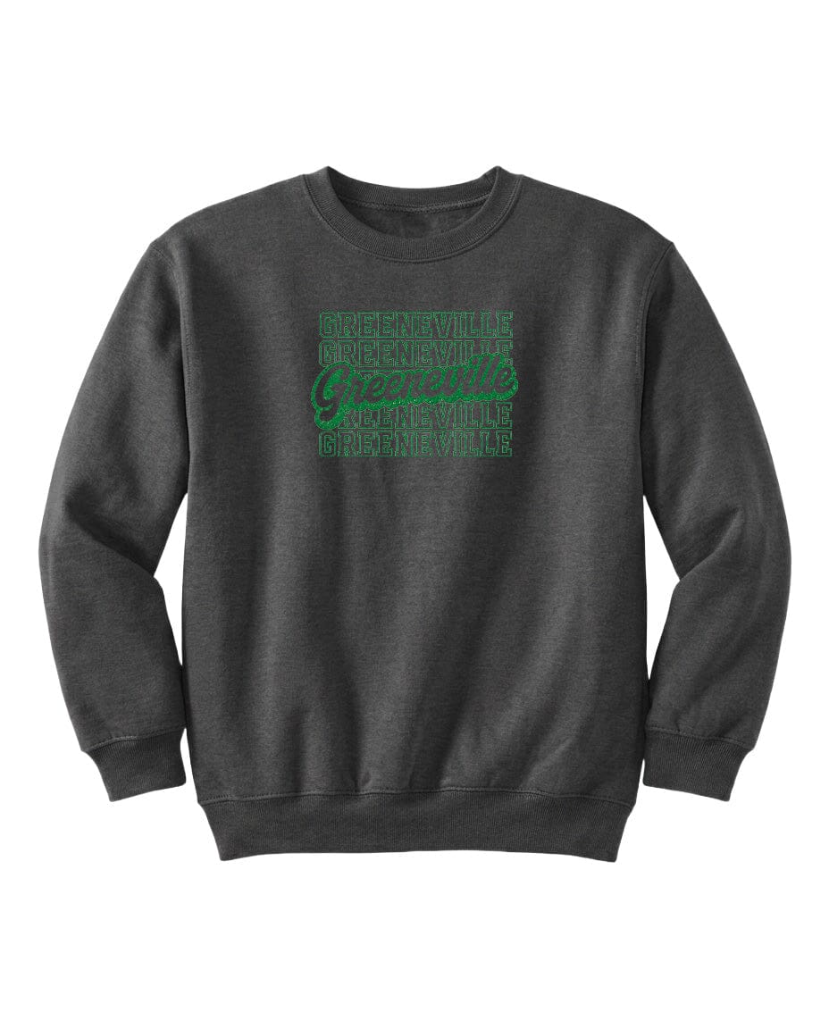 A gray sweatshirt with a green graphic design on the front.
