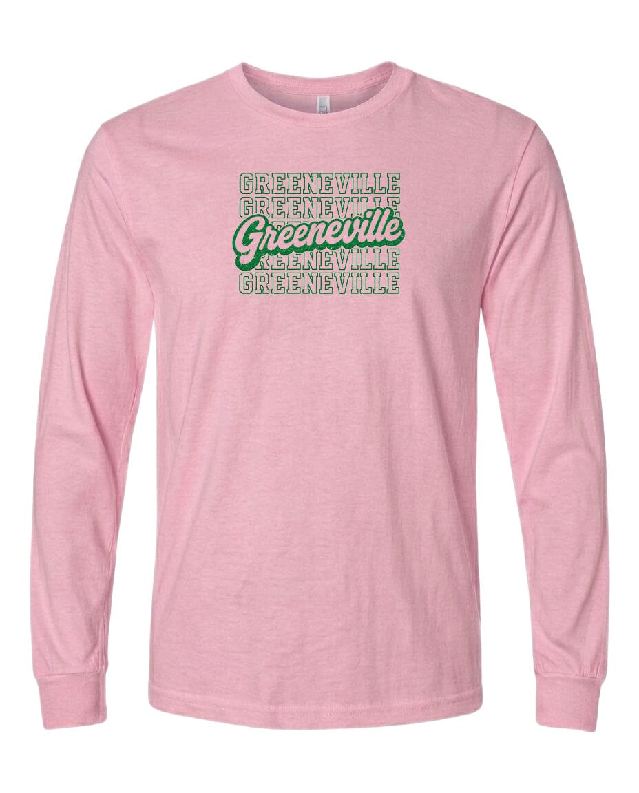 A pink long-sleeved t-shirt with the text "Greeneville" printed on it in a stylized font.