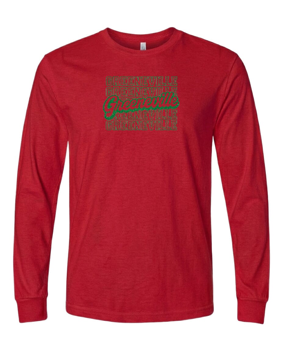 A red long-sleeved t-shirt with a graphic design on the front.