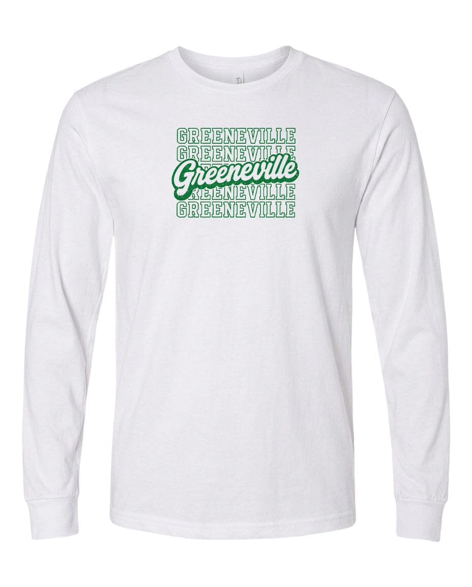 A white long-sleeved t-shirt with the text "Greeneville Greeneville Greeneville" printed on it in green.