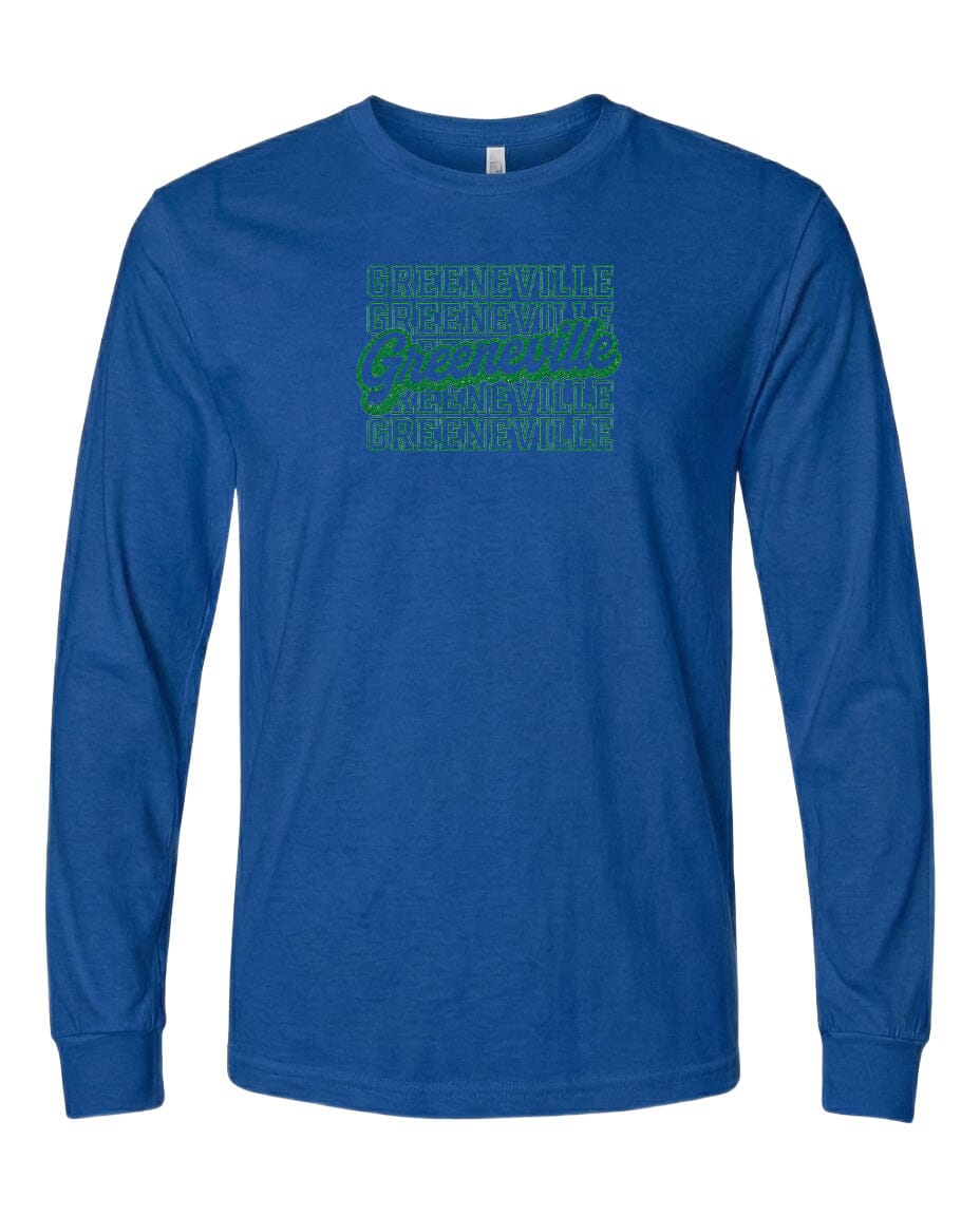 A blue long-sleeved t-shirt with a green graphic design on the front.