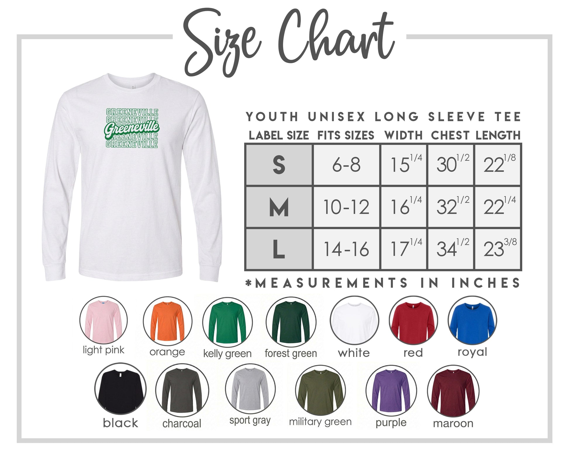 The image is a size chart for a youth unisex long sleeve tee, including various color options and corresponding measurements.