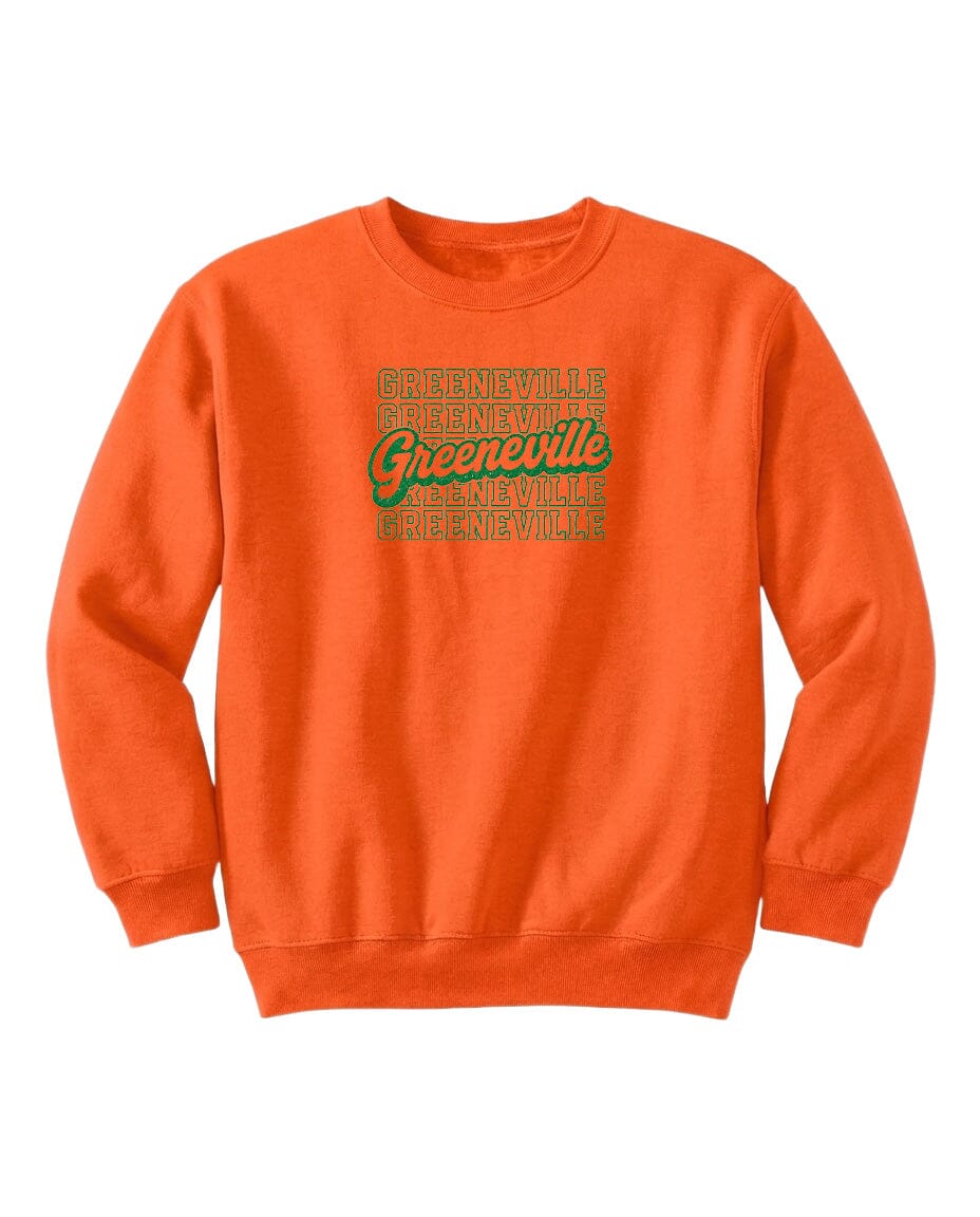 An orange sweatshirt with the text "Greenville" printed on it in a stylized font.