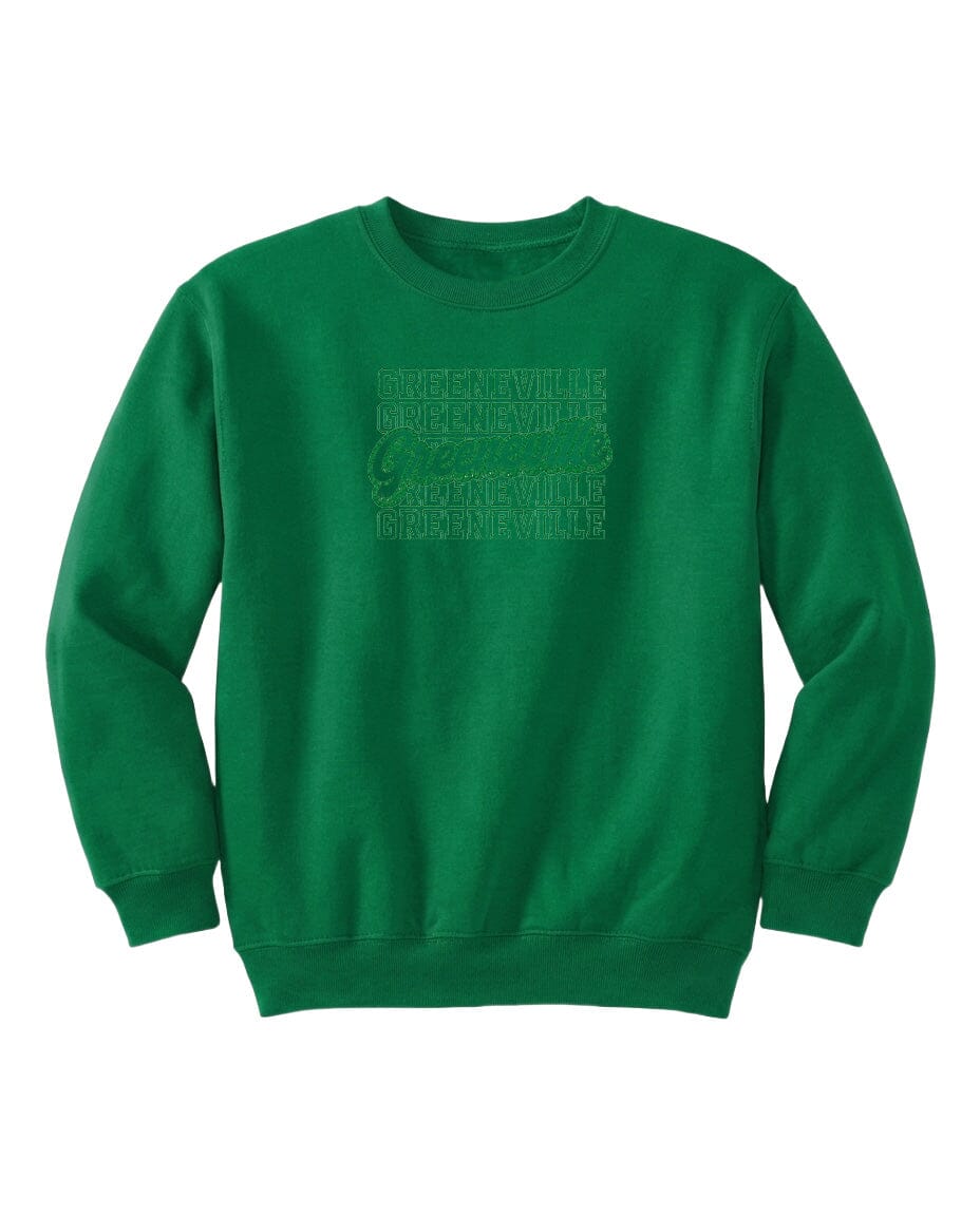 A bright green sweatshirt with a repeating pattern of the word "Greenville" across the front.