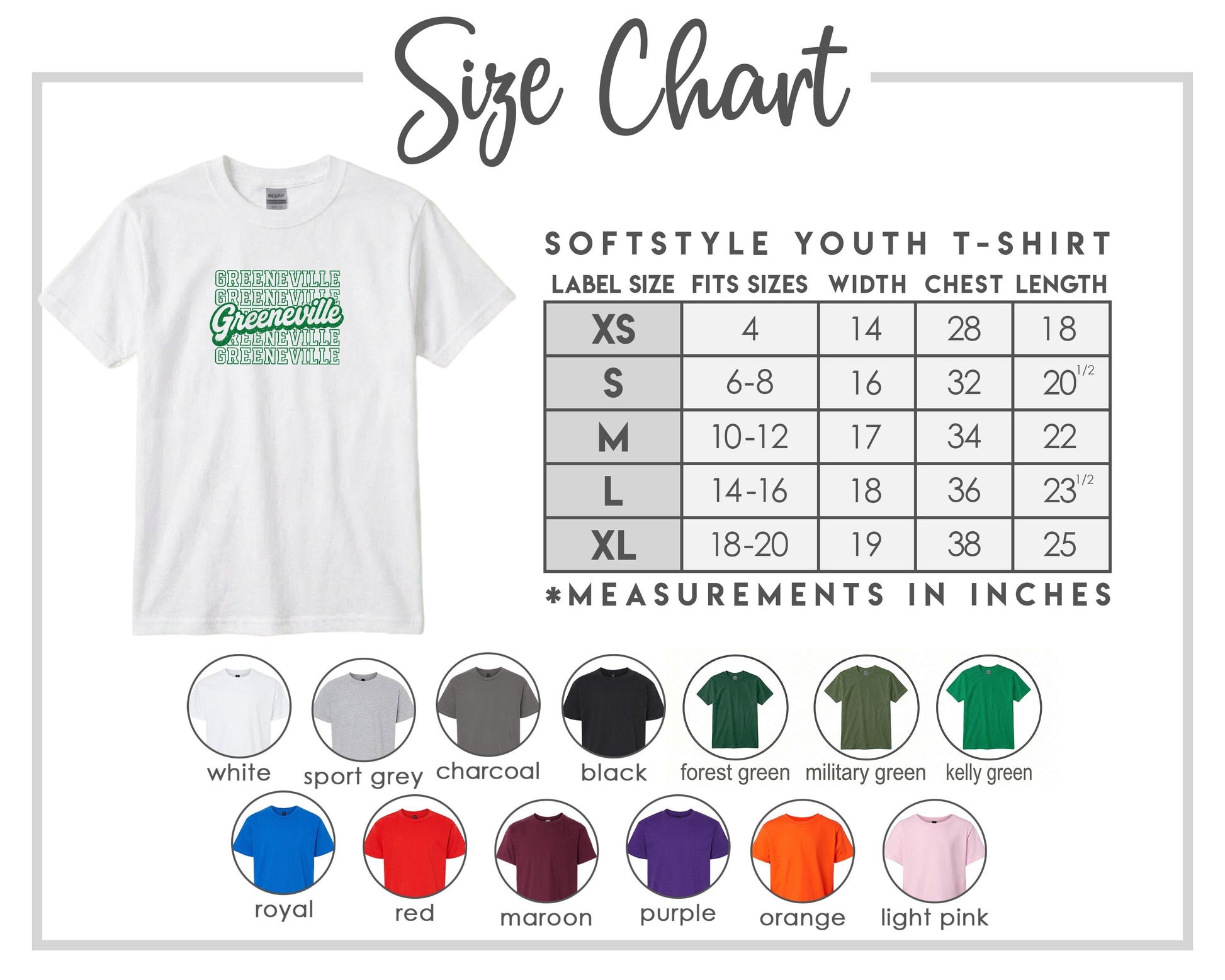 The image is a size chart for a softstyle youth t-shirt, providing measurements for different sizes and corresponding t-shirt colors.