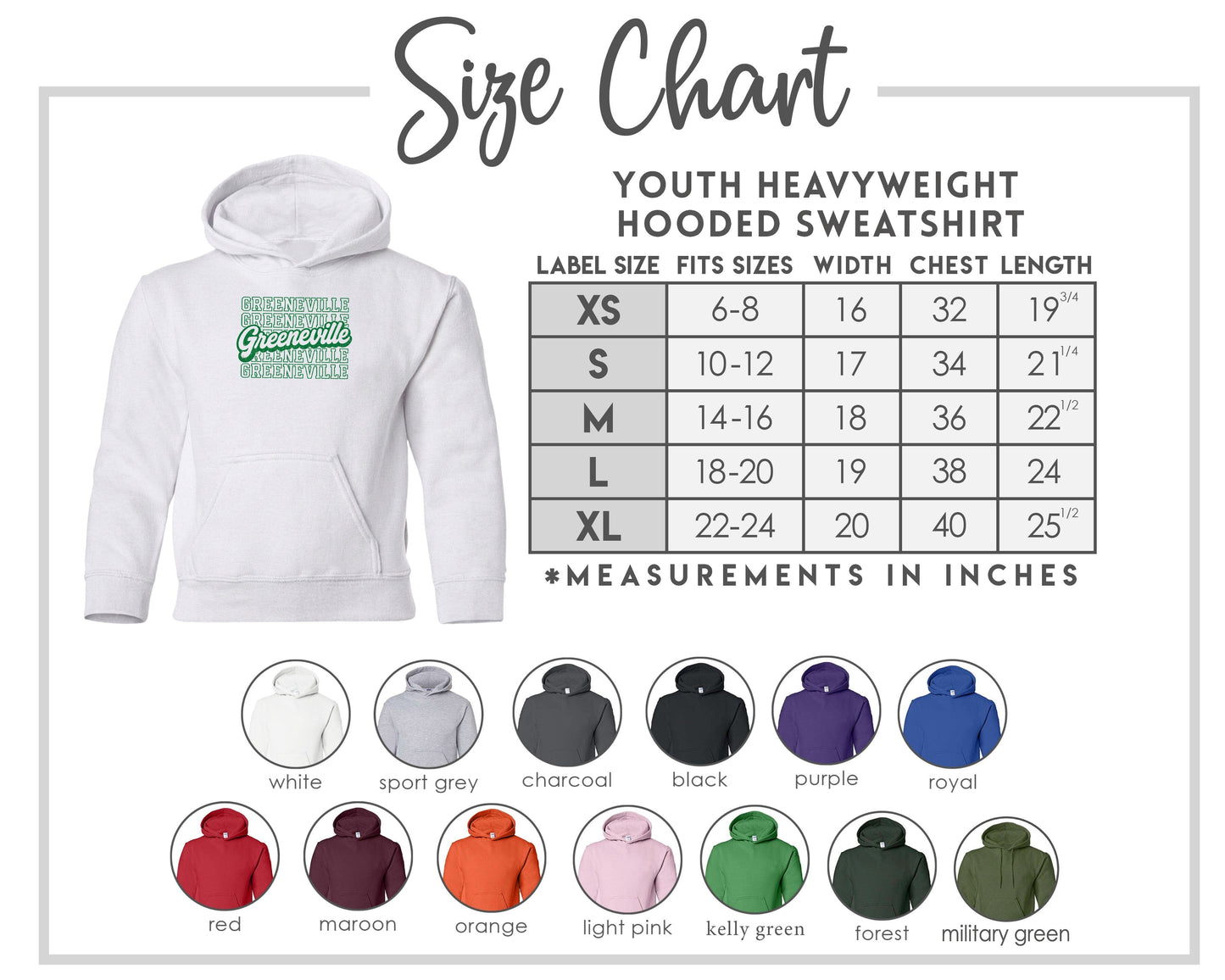 The image is a size chart for a youth heavyweight hooded sweatshirt, providing measurements for different age groups and sizes.