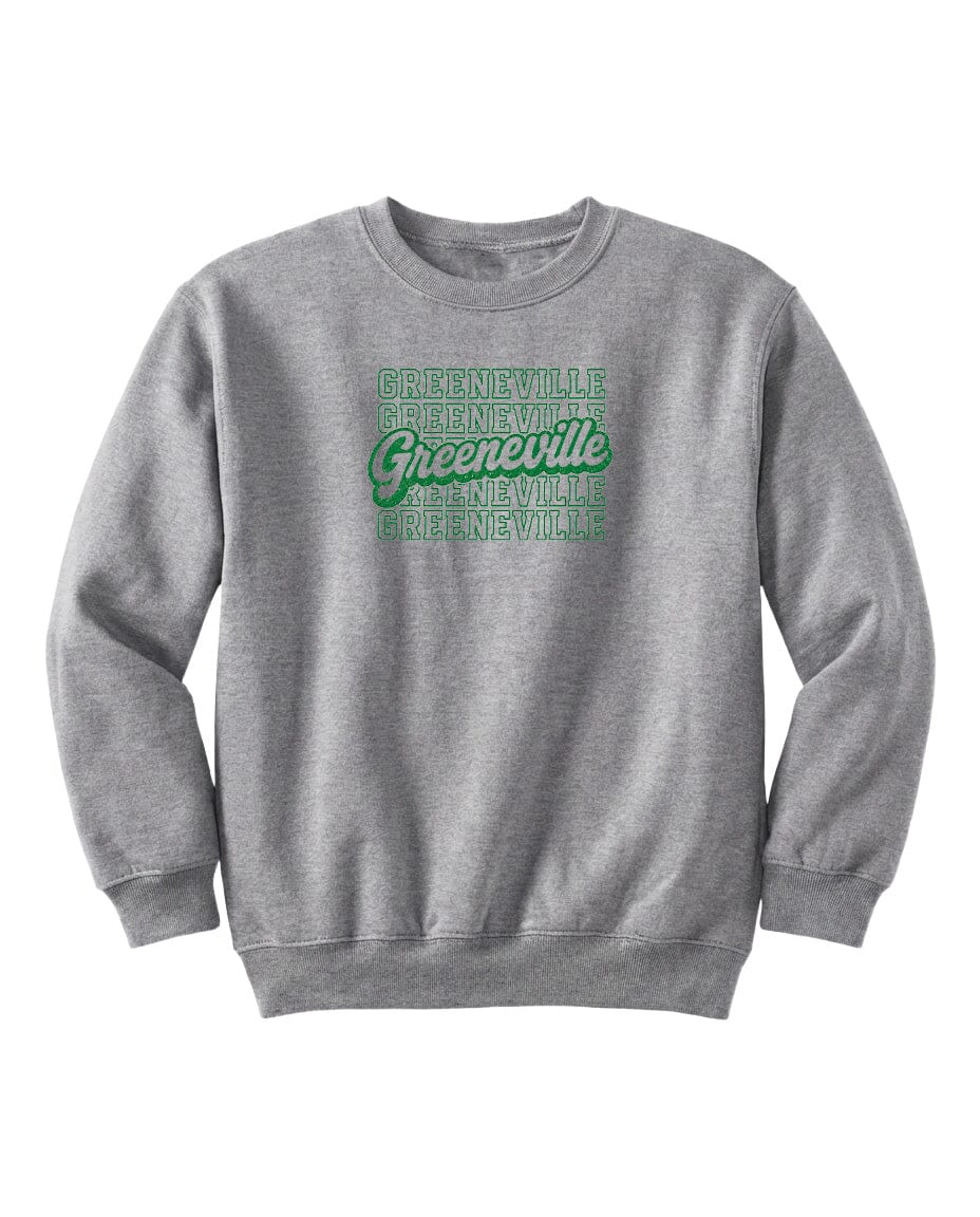 A gray sweatshirt with the text "Greeneville" printed in green on the front.
